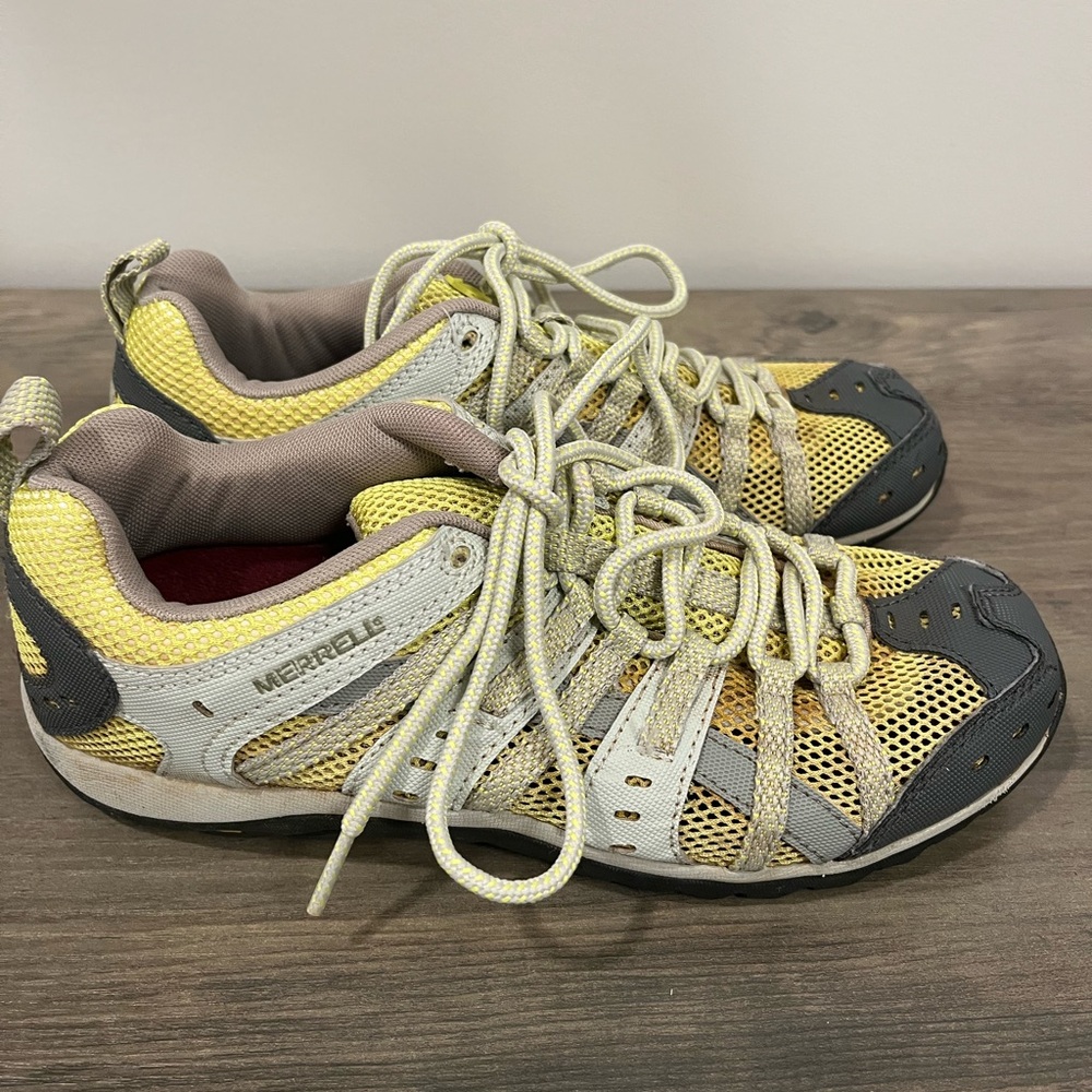 Merrell Women's Mykos Lime Green Gray Mesh Trail Hiking Minimalist Shoes Sz 7.5